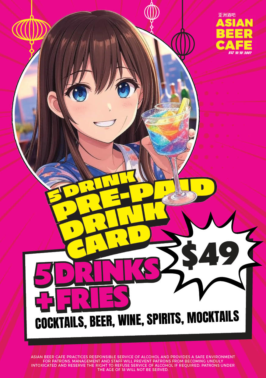 graphic promoting Bottomless Drinks at ABC - anime girl drink cocktail on asian beer cafe's iconic balcony overlooking state library with text stating 90 minutes of unlimited cocktails, beers, wines and spirits for $59 per person.