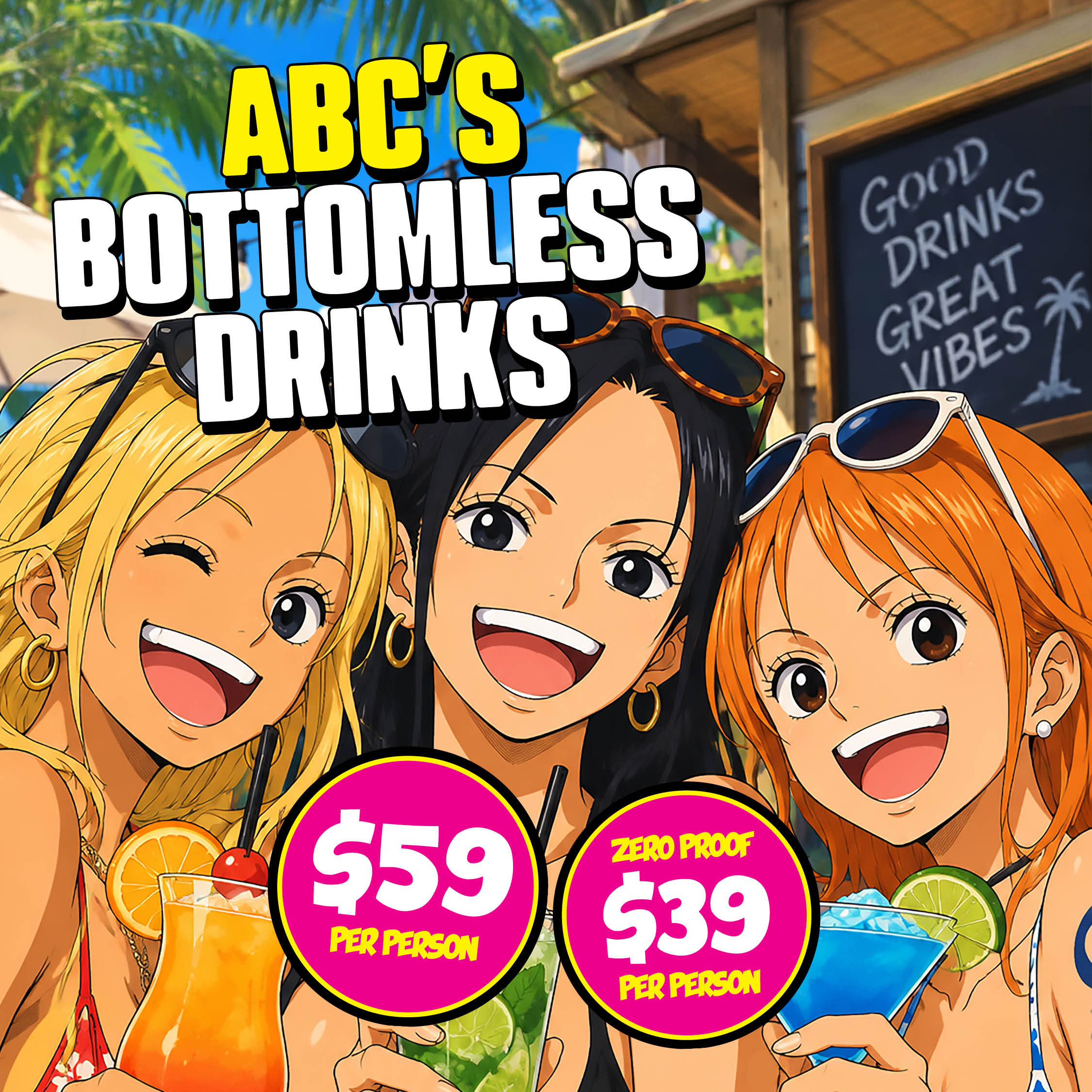 ABC-Bottomless-1080x1080-C graphic promoting Bottomless Drinks at ABC - anime girl drink cocktail on asian beer cafe's iconic balcony overlooking state library with text stating 90 minutes of unlimited cocktails, beers, wines and spirits for $59 per person.